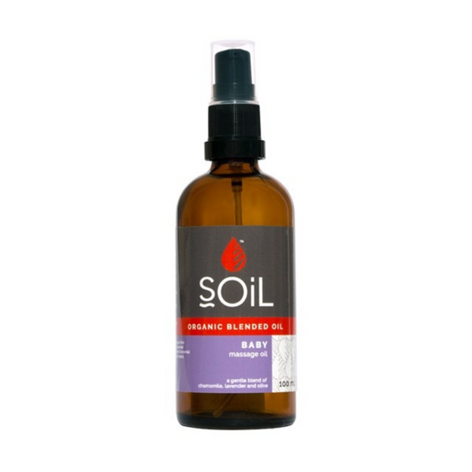 "SOiL Baby Massage Oil 100ml, an organic blend of chamomile, lavender, and olive oils, designed to gently nourish and soothe delicate skin."