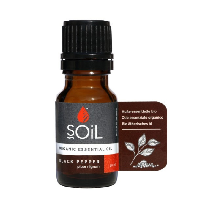 "SOiL Black Pepper Organic Essential Oil 10ml, 100% pure Piper nigrum oil, known for its warming, stimulating, and energizing properties."