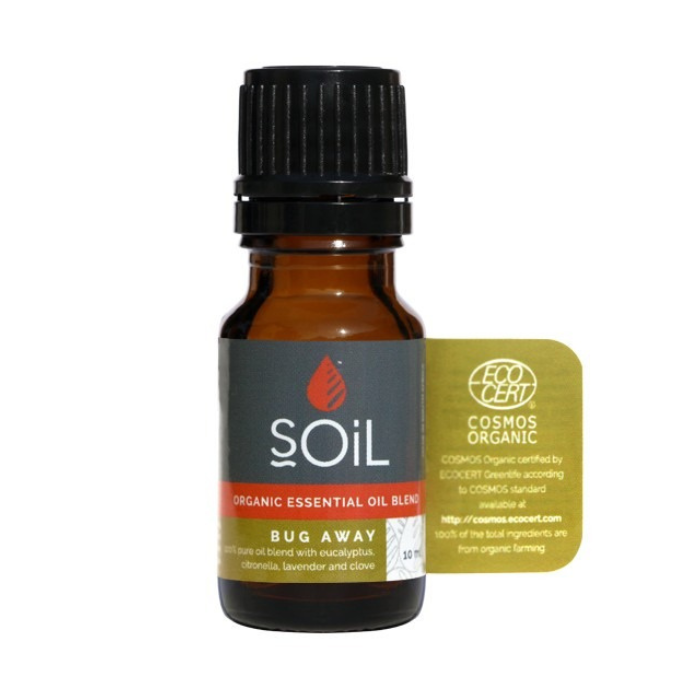 "SOiL Bug Away Organic Essential Oil Blend 10ml, a natural insect repellent with eucalyptus, citronella, lavender, and clove oils."