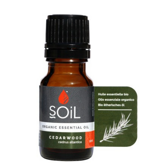 "SOiL Cedarwood Organic Essential Oil 10ml, 100% pure Cedrus atlantica oil, known for its grounding, calming, and purifying properties."