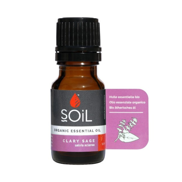 "SOiL Clary Sage Organic Essential Oil 10ml, 100% pure Salvia sclarea oil, known for its balancing, calming, and soothing properties."