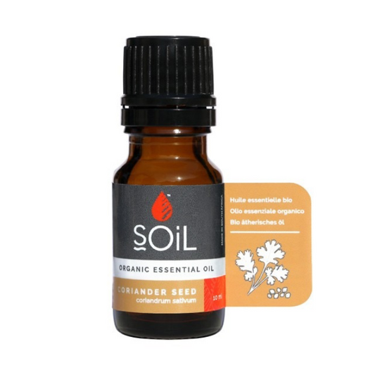 "SOiL Coriander Seed Organic Essential Oil 10ml, 100% pure Coriandrum sativum oil, known for its stimulating, warming, and energizing properties."