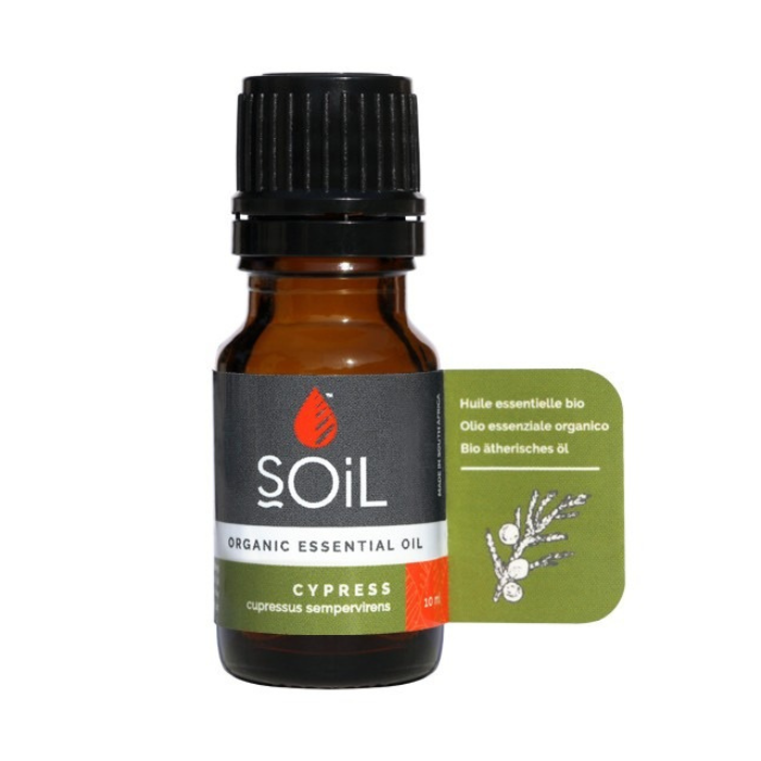 "SOiL Cypress Organic Essential Oil 10ml, 100% pure Cupressus sempervirens oil, known for its calming, balancing, and purifying properties."