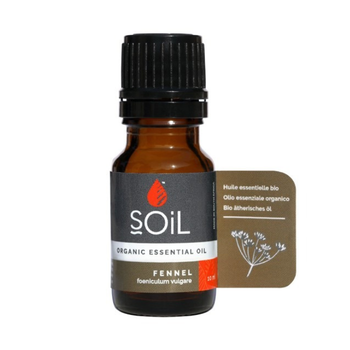 "SOiL Fennel Organic Essential Oil 10ml, 100% pure Foeniculum vulgare oil, known for its cleansing, balancing, and digestive properties."