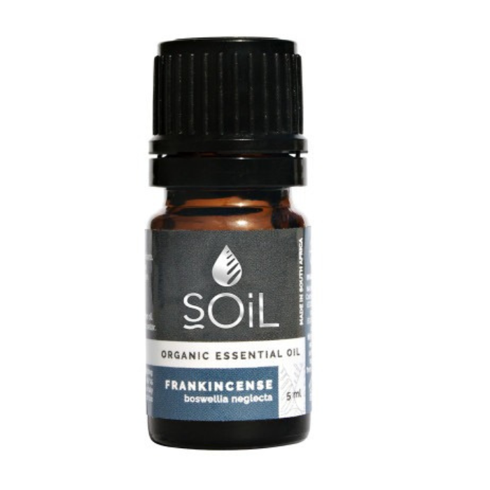 "SOiL Frankincense Organic Essential Oil 5ml, 100% pure Boswellia neglecta oil, known for its calming, grounding, and rejuvenating properties."