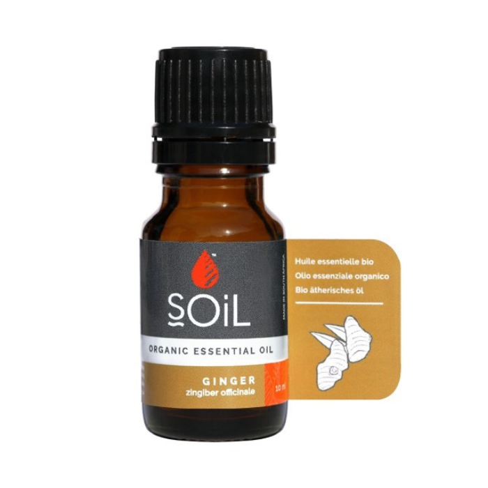 "SOiL Ginger Organic Essential Oil 10ml, 100% pure Zingiber officinale oil, known for its warming, stimulating, and invigorating properties."