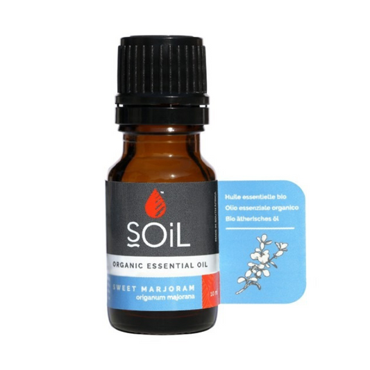 "SOiL Sweet Marjoram Organic Essential Oil 10ml, 100% pure Origanum majorana oil, known for its calming, warming, and relaxing properties."