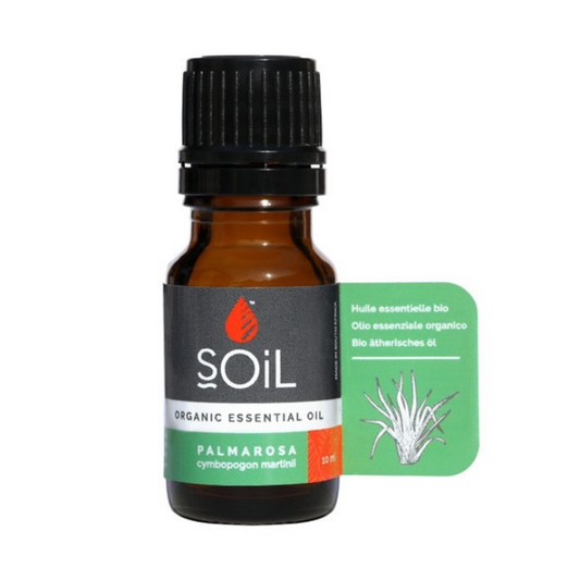 "SOiL Palmarosa Organic Essential Oil 10ml, 100% pure Cymbopogon martinii oil, known for its hydrating, balancing, and soothing properties."