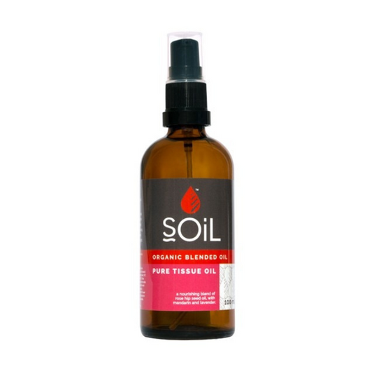 SOiL Organic Pure Tissue Oil – A nourishing blend of rosehip, mandarin, and lavender oils to hydrate and repair skin, 100ml bottle.