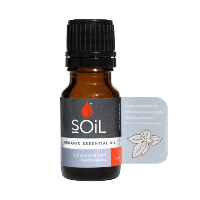 "SOiL Spearmint Organic Essential Oil 10ml, 100% pure Mentha spicata oil, known for its refreshing, cooling, and invigorating properties."