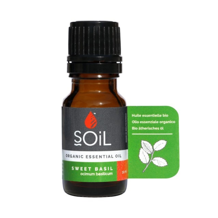 "SOiL Sweet Basil Organic Essential Oil 10ml, 100% pure Ocimum basilicum oil, known for its refreshing, uplifting, and aromatic qualities."