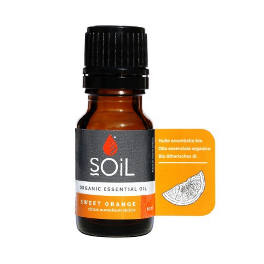 "SOiL Sweet Orange Organic Essential Oil 10ml, 100% pure Citrus aurantium dulcis oil, known for its uplifting, refreshing, and calming properties."