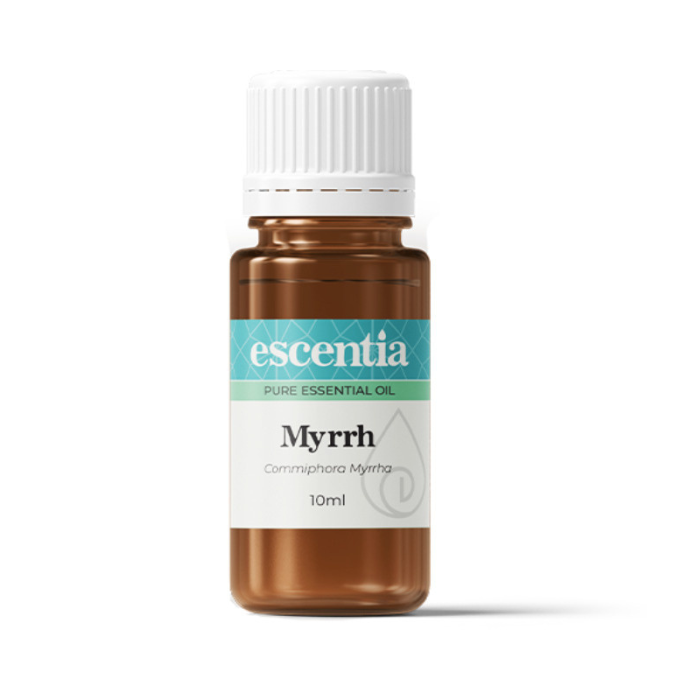 Escentia Myrrh Essential Oil – A rich, earthy oil known for its soothing, anti-inflammatory, and skin-healing properties, 10ml bottle.