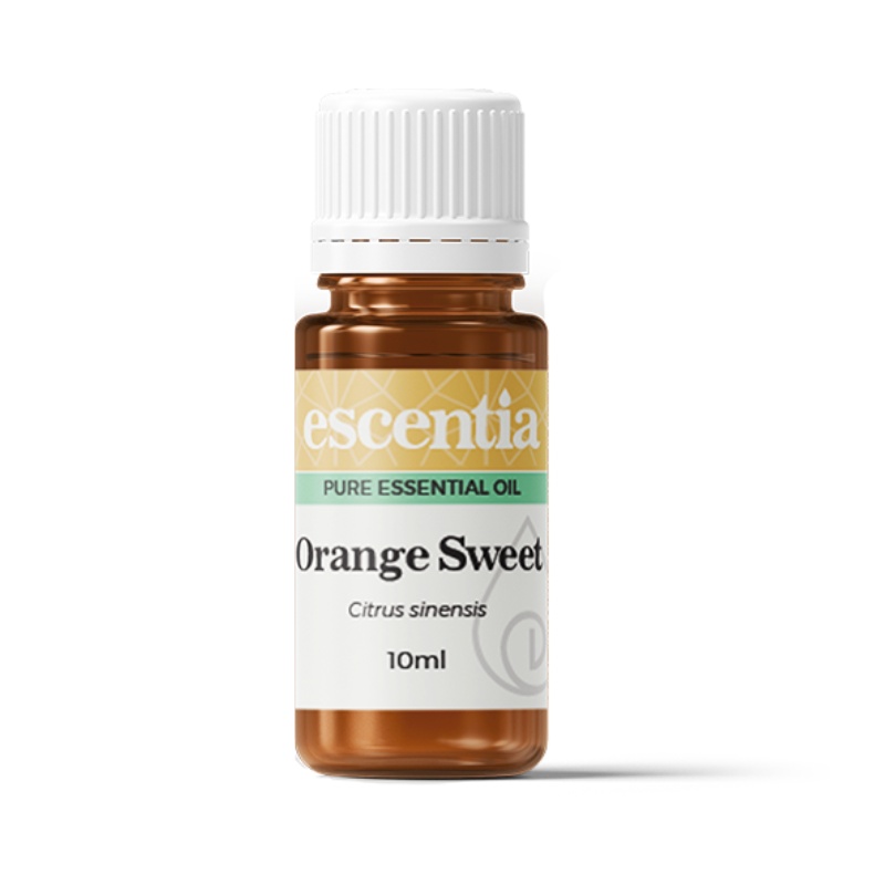 Escentia Sweet Orange Essential Oil – A cheerful citrus oil known for uplifting moods, relieving stress, and refreshing the skin, 10ml bottle.