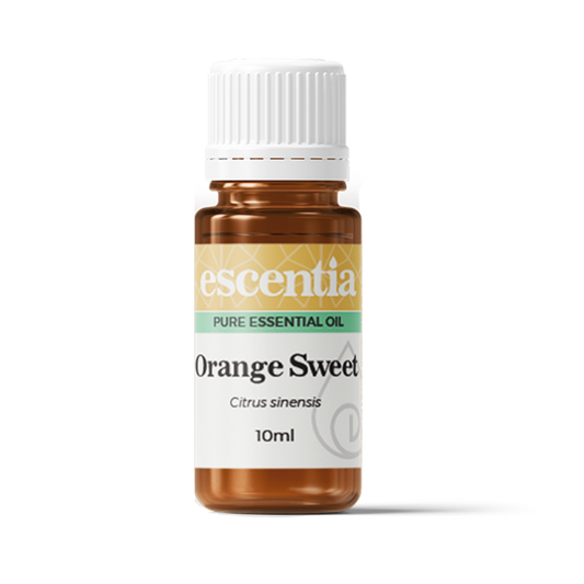 Escentia Sweet Orange Essential Oil – A cheerful citrus oil known for uplifting moods, relieving stress, and refreshing the skin, 10ml bottle.