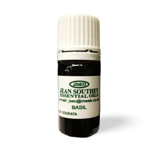 Jean Southey Essential Oils Basil bottle with a white cap, promoting high-quality basil essential oil for aromatherapy and wellness.