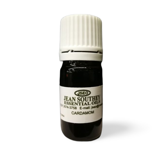 Jean Southey Essential Oils Cardamom bottle with a white cap, featuring high-quality cardamom essential oil for aromatherapy and wellness.