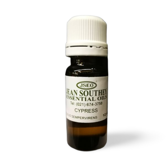 Jean Southey Essential Oils Cypress bottle with a white cap, showcasing high-quality cypress essential oil for therapeutic and wellness use.