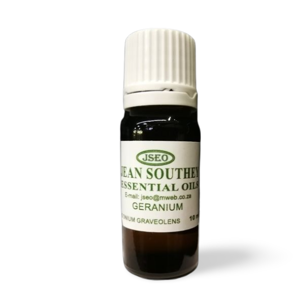 Jean Southey Essential Oils Geranium 10ml bottle with white cap, featuring geranium oil for aromatherapy and natural wellness benefits.