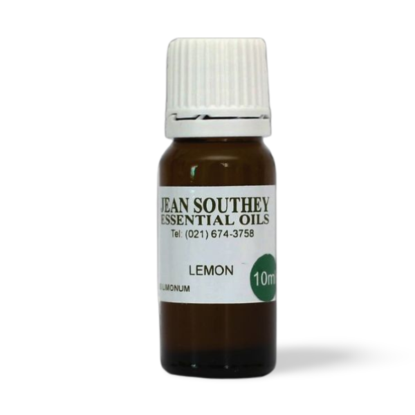 Jean Southey Essential Oils Lemon 10ml bottle with white cap, promoting natural lemon oil for aromatherapy and wellness.