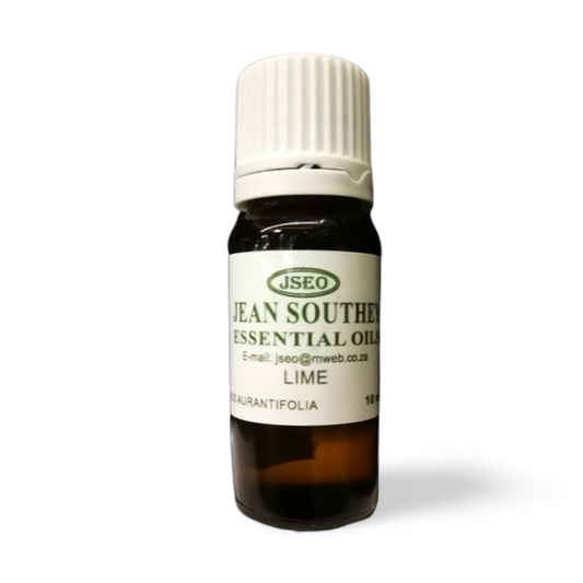 Jean Southey Essential Oils Lime 10ml bottle with white cap, featuring lime essential oil for natural aromatherapy uses.