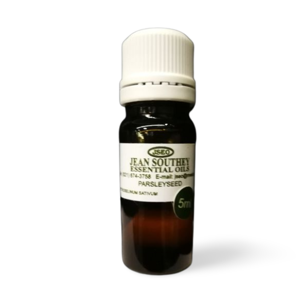 Jean Southey Essential Oils Parsley Seed 5ml bottle with white cap, offering parsley seed oil for natural aromatherapy benefits.