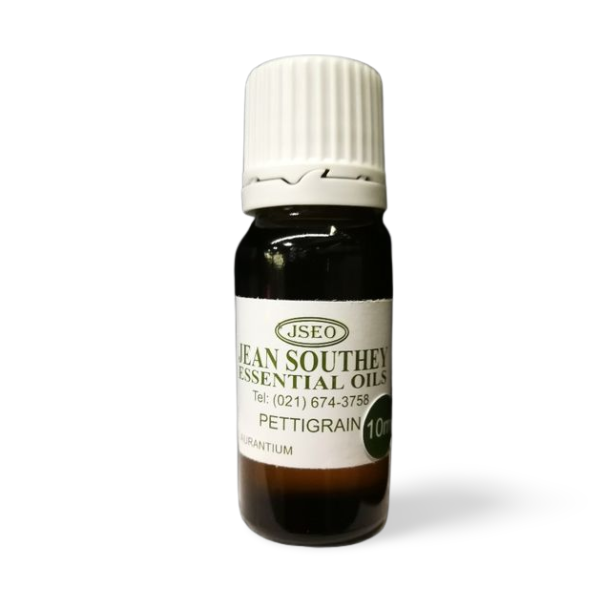 Jean Southey Essential Oils Pettigrain 10ml bottle with white cap, featuring pettigrain oil for aromatherapy and relaxation.