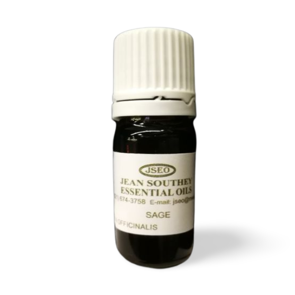 Jean Southey Essential Oils Sage 10ml bottle with white cap, featuring sage oil for aromatherapy and natural wellness benefits.